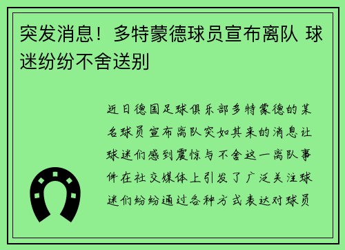 突发消息！多特蒙德球员宣布离队 球迷纷纷不舍送别